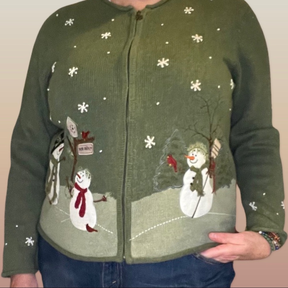 Croft & Barrow Sage Green Snowman Christmas zip up cardigan sweater sz large